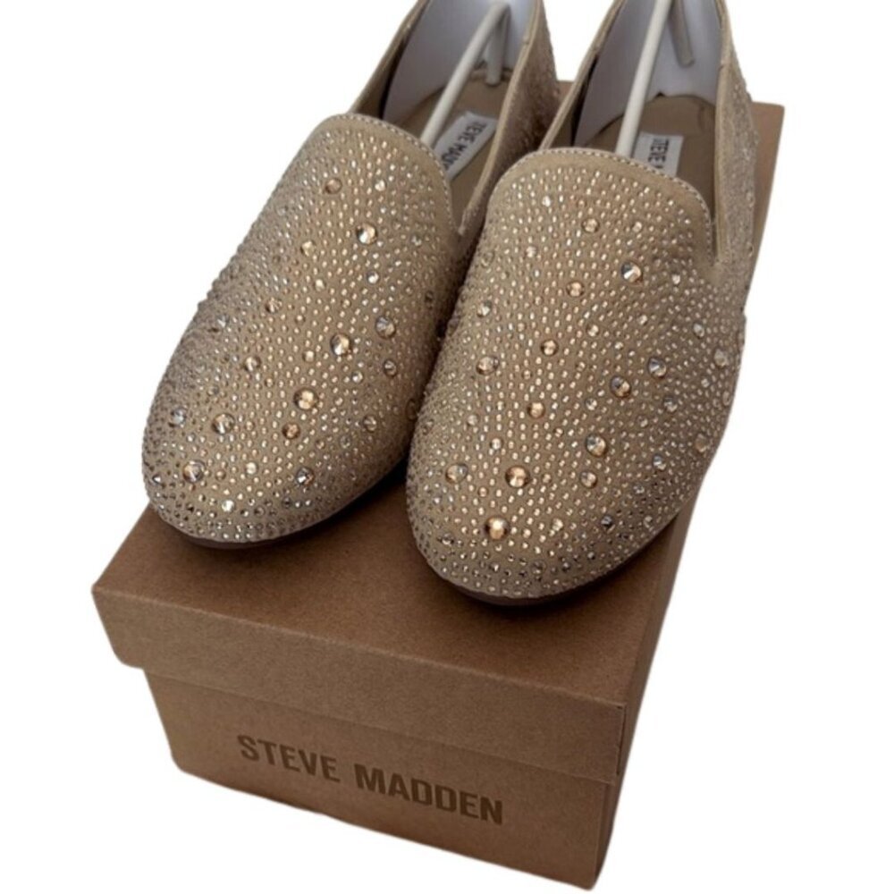 NWT! Steve Madden Women's Tan Rhinestone Beaded Flat Slip-On Loafers Size 8.5
